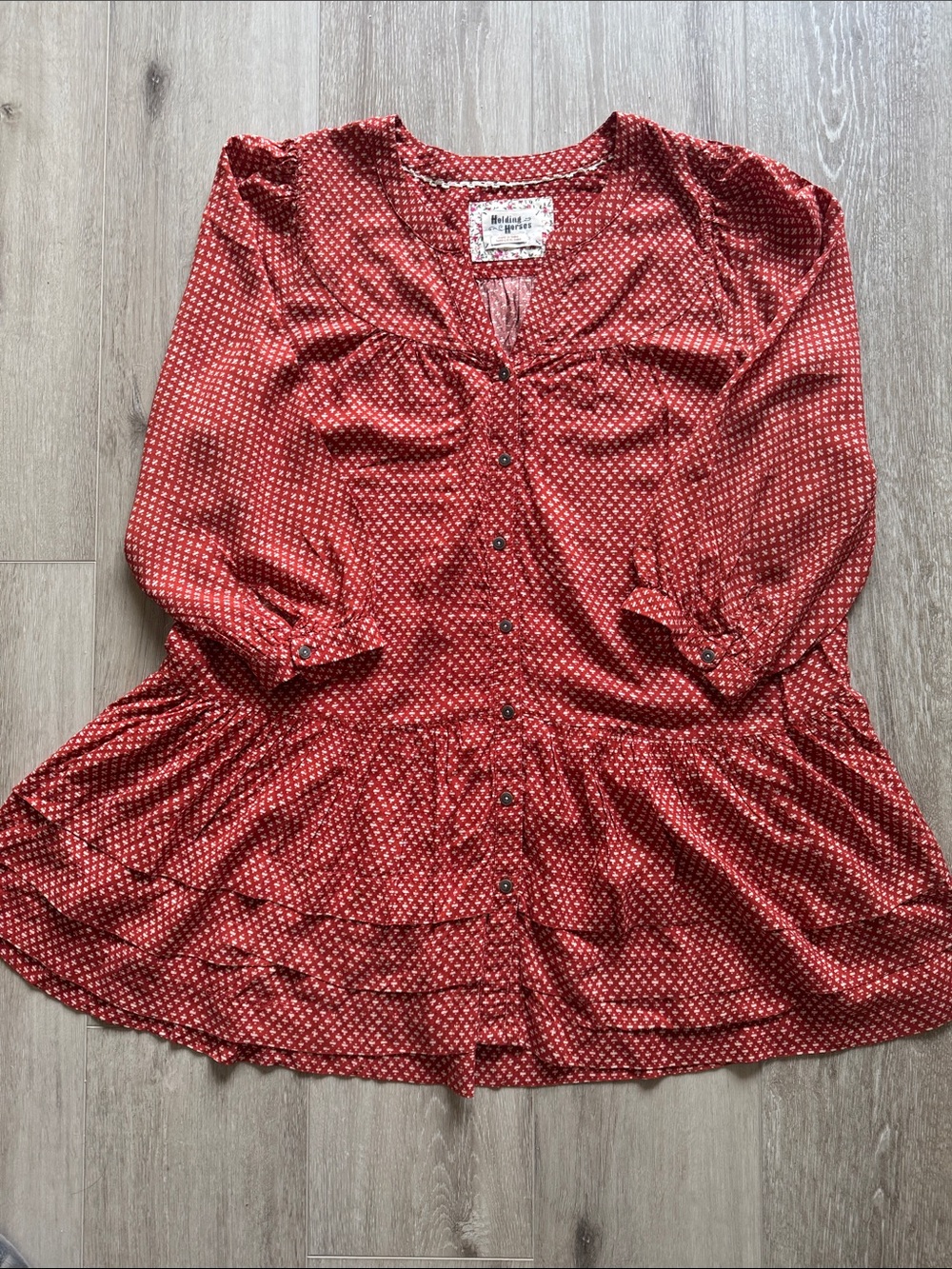 HOLDING HORSES Rust Red Printed Button-Front Peplum Tunic